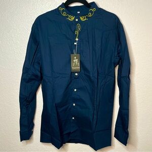 Daupanzees Men’s Embroidered Navy and Gold Button Down Western Shirt Size M New!